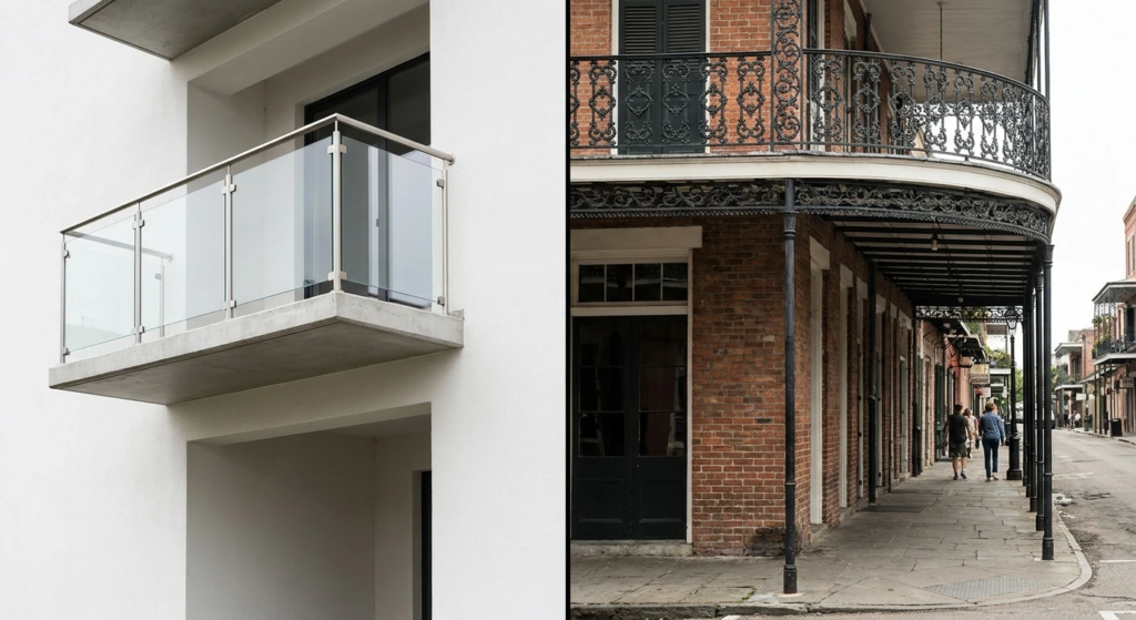 Cross-section diagram comparing a cantilevered balcony with no ground support to a column-supported gallery over a sidewalk